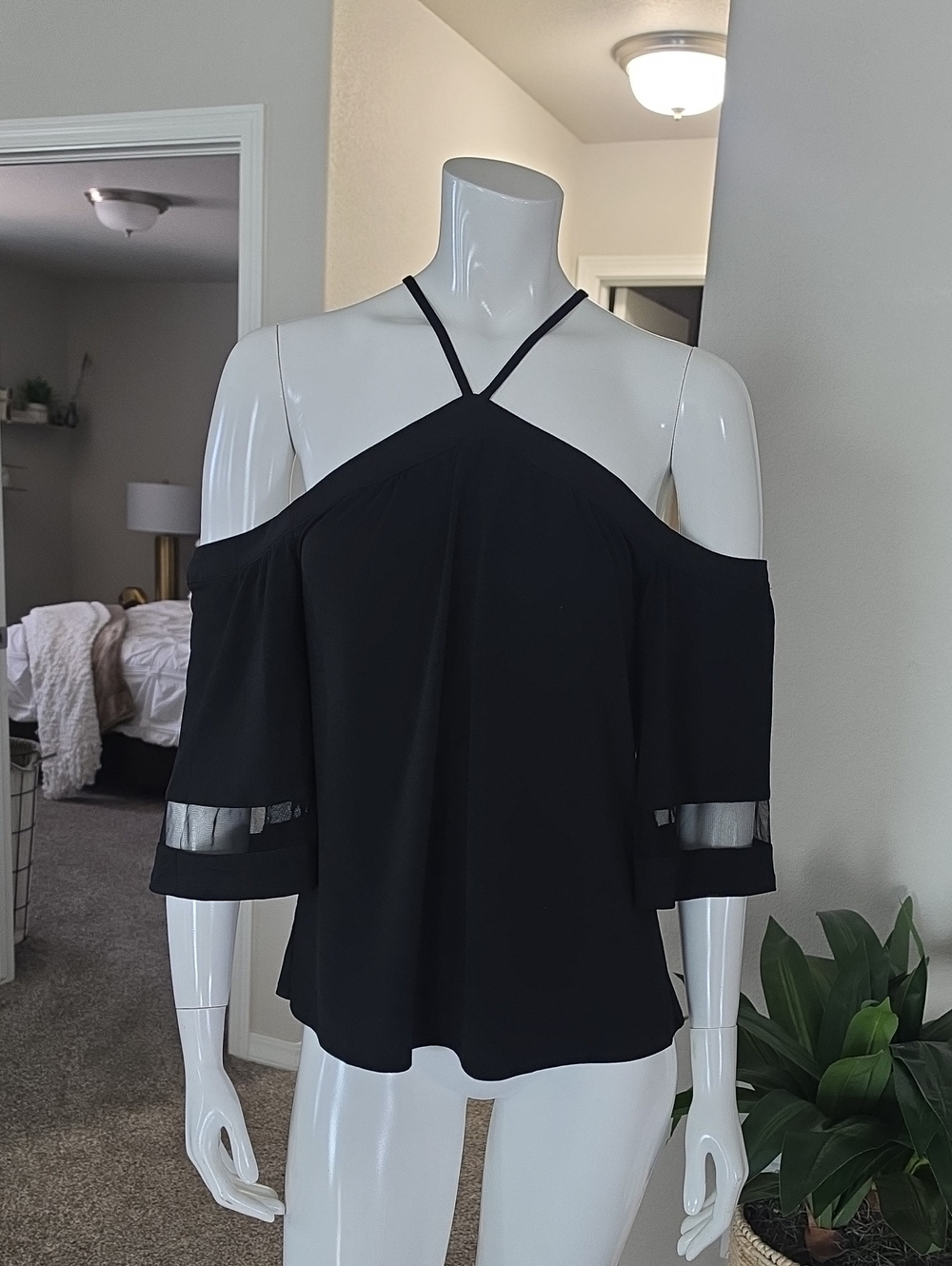 Daytrip Black Cold-Shoulder Halter Blouse